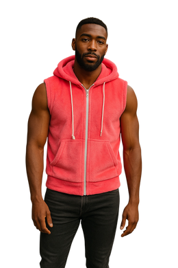 Man wearing a fuzzy pink sleeveless hoodie with a zipper 