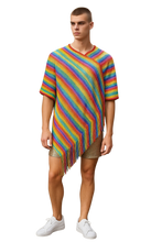 Load image into Gallery viewer, Person wearing a glitter rainbow striped poncho/caftan with fringe 
