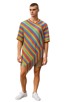 Person wearing a glitter rainbow striped poncho/caftan with fringe 