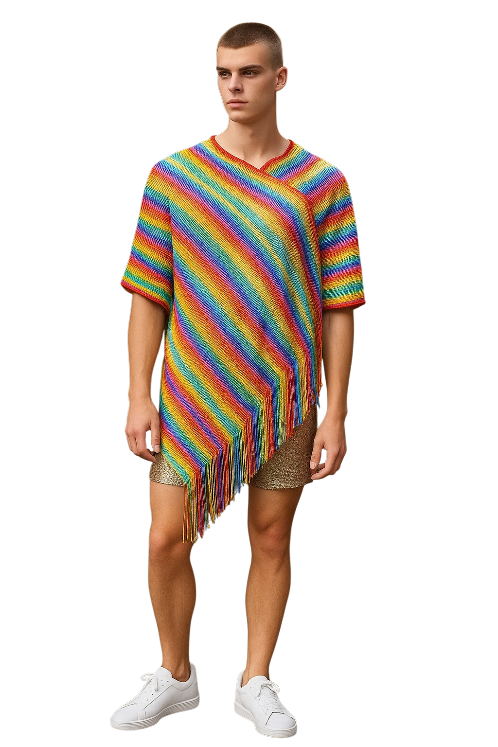 Person wearing a glitter rainbow striped poncho/caftan with fringe 
