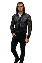 Load image into Gallery viewer, Person wearing a black fishnet zip up hoodie with pockets and hood drawstring

