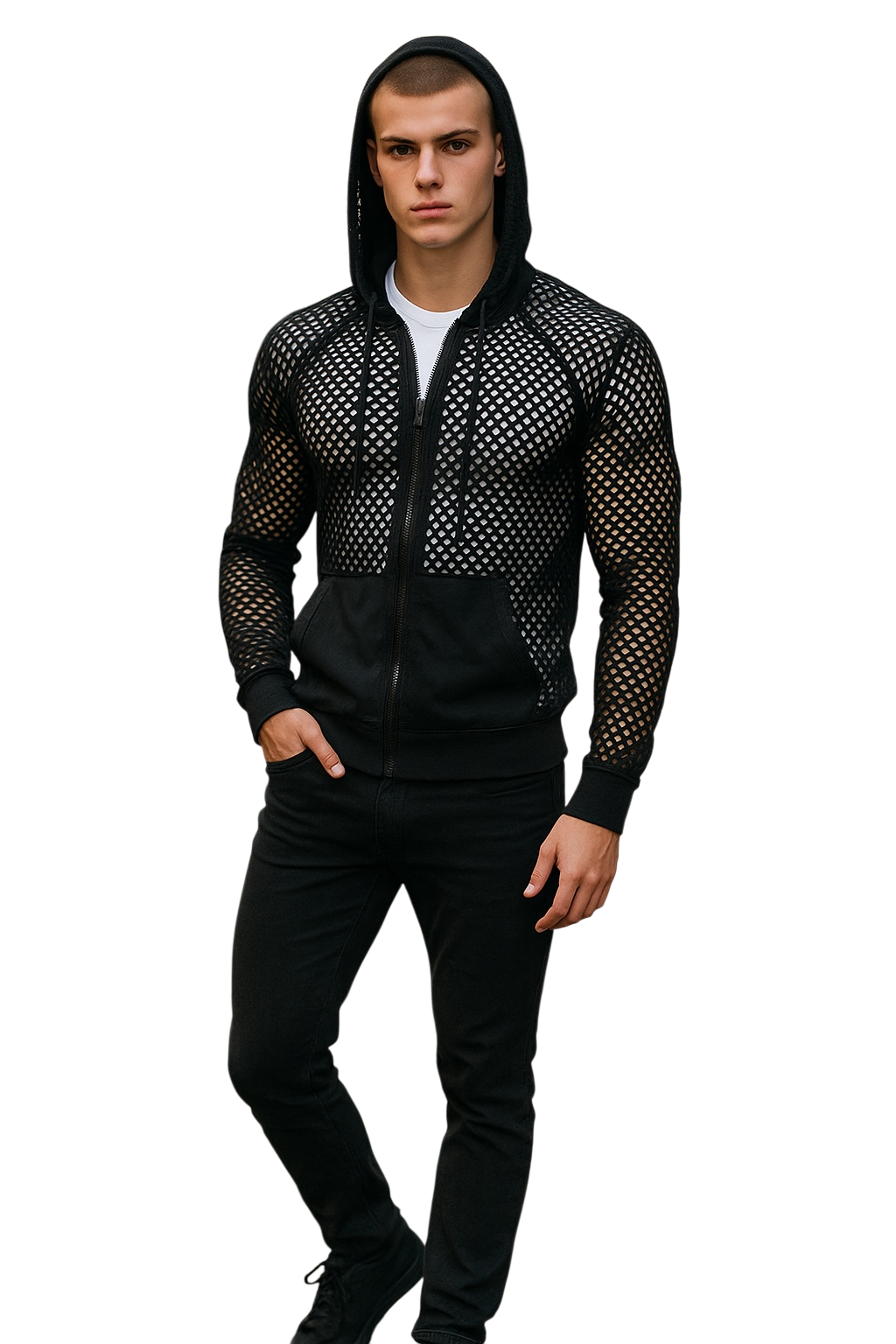 Person wearing a black fishnet zip up hoodie with pockets and hood drawstring