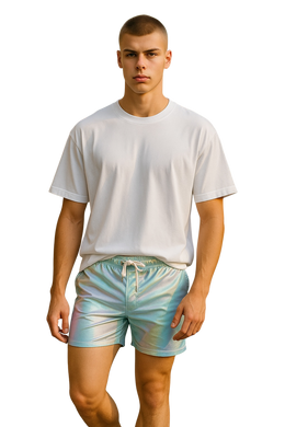 Man wearing a white t-shirt and metallic mint-colored shorts with white drawstring waistband.