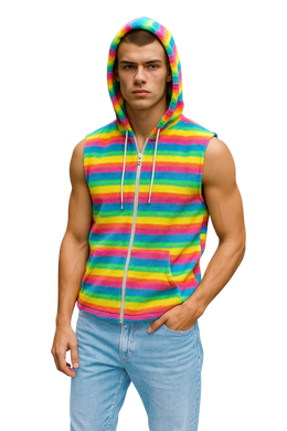 Person wearing a pastel rainbow striped sleeveless hoodie 