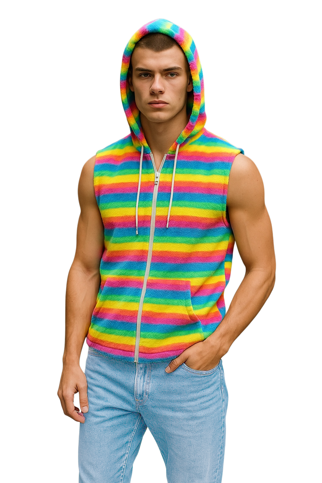 Person wearing a pastel rainbow striped sleeveless hoodie 