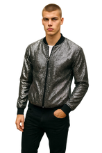 Load image into Gallery viewer, Man wearing a black silver sequin jacket with zipper
