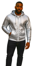 Load image into Gallery viewer, Man wearing a silver zip-up faux leather hoodie with white zipper and hood strings. Hand in jacket pocket
