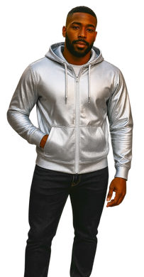 Man wearing a silver zip-up faux leather hoodie with white zipper and hood strings. Hand in jacket pocket