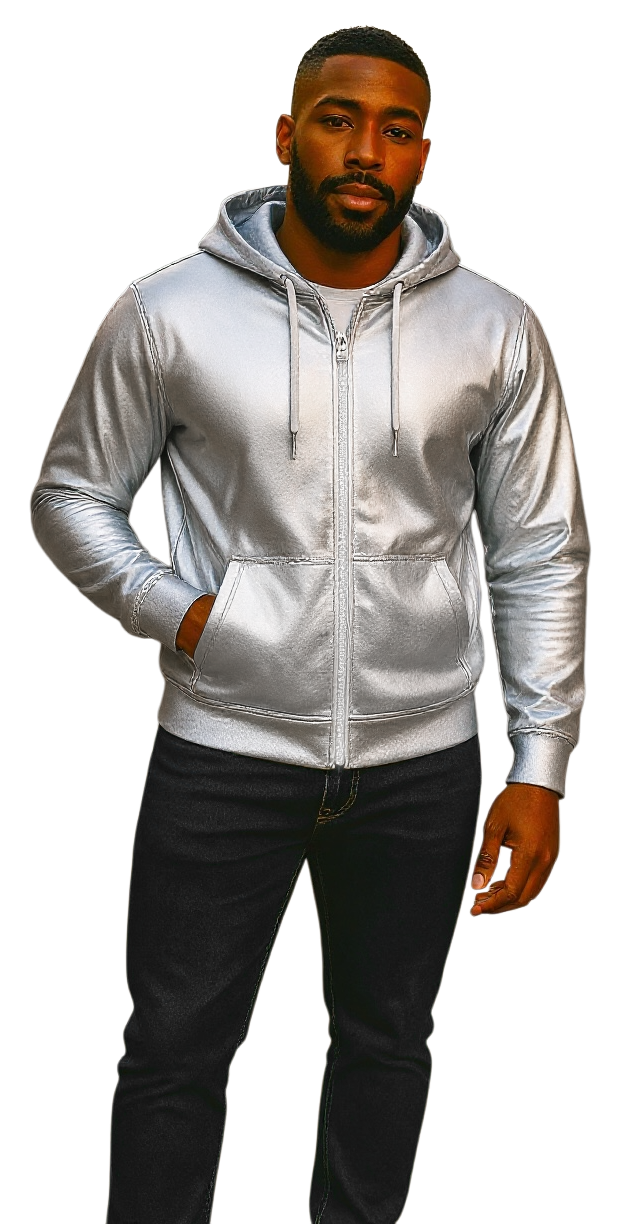 Man wearing a silver zip-up faux leather hoodie with white zipper and hood strings. Hand in jacket pocket