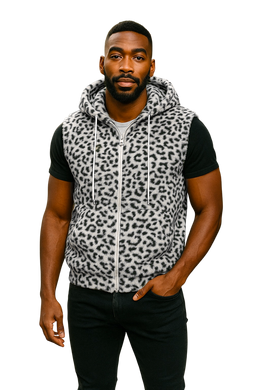 Man wearing a fuzzy white leopard print sleeveless zip-up hoodie 