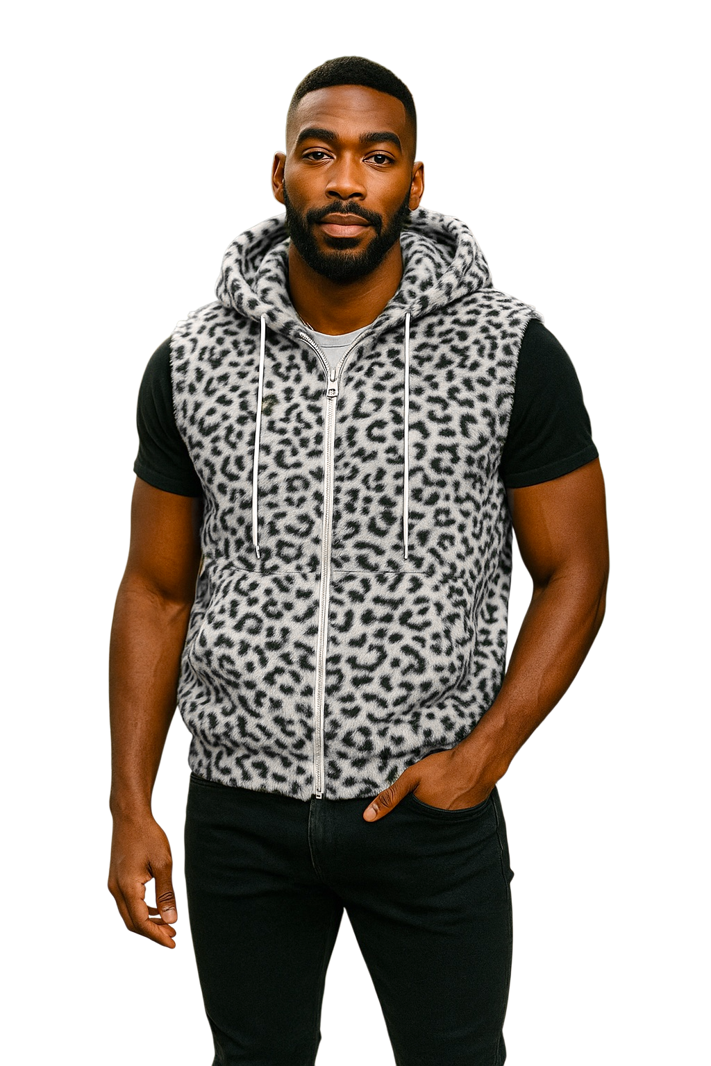 Man wearing a fuzzy white leopard print sleeveless zip-up hoodie 
