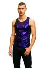 Load image into Gallery viewer, Man wearing a reflective purple tank top 
