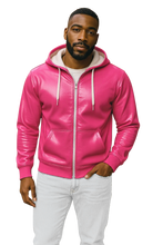 Load image into Gallery viewer, Man wearing a bright pink zip-up faux leather hoodie with white zipper and hood strings
