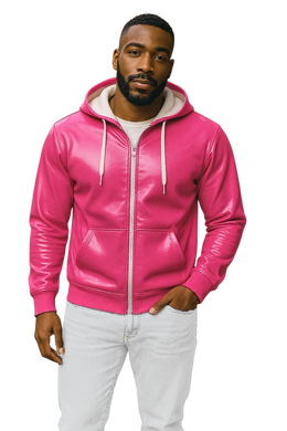 Man wearing a bright pink zip-up faux leather hoodie with white zipper and hood strings
