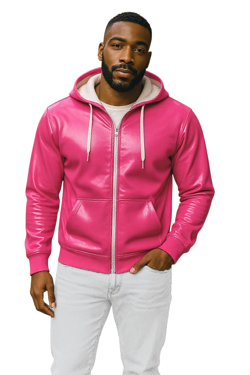 Man wearing a bright pink zip-up faux leather hoodie with white zipper and hood strings