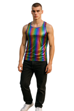 Load image into Gallery viewer, Man wearing an iridescent rainbow tank top on a white background
