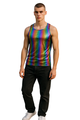 Man wearing an iridescent rainbow tank top on a white background
