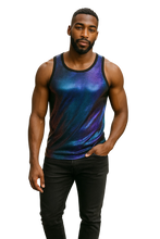 Load image into Gallery viewer, Man wearing a purple gradient tank top with many small squares 
