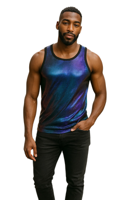 Man wearing a purple gradient tank top with many small squares 