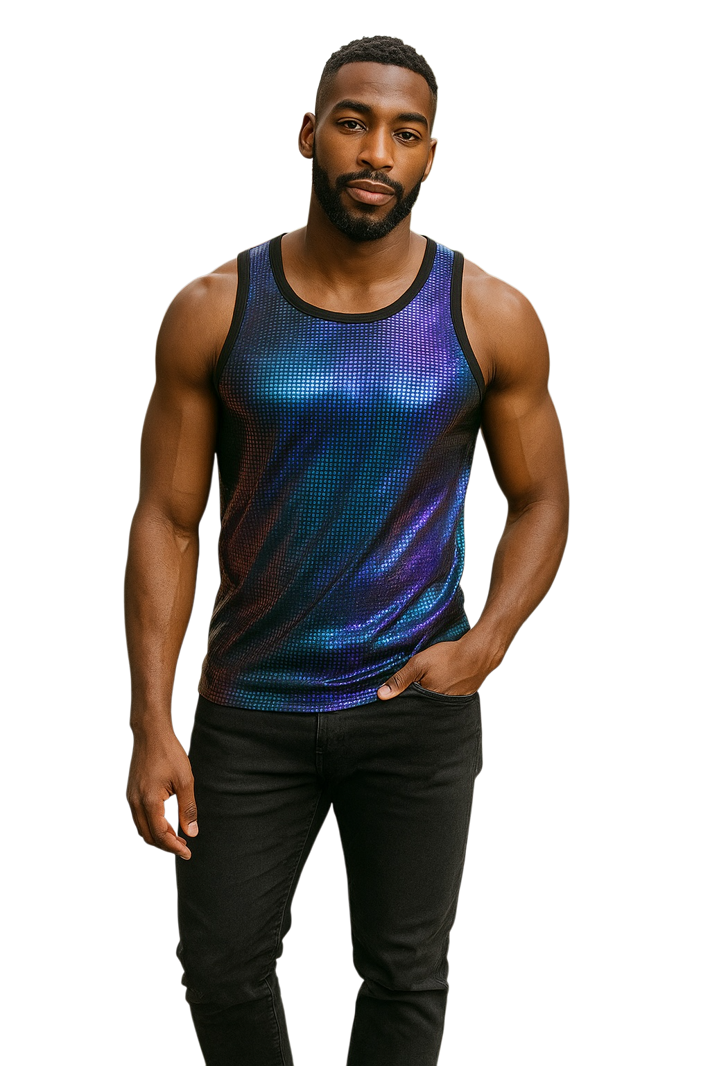 Man wearing a purple gradient tank top with many small squares 