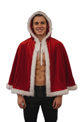 Man wearing a red velvet cape with white fur trim 