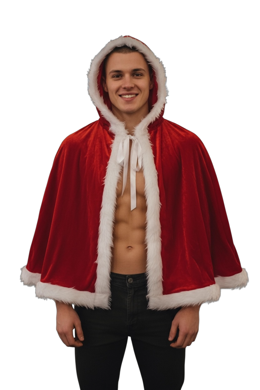 Man wearing a red velvet cape with white fur trim 