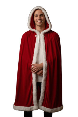 Person wearing a long red velvet cape with white fur trim