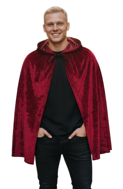 Man wearing a red velvet cape that goes slightly below his hips with a plain background