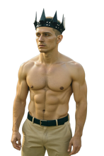 Load image into Gallery viewer, Man wearing a black faux leather crown with spikes attached 
