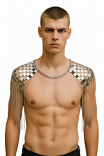 Load image into Gallery viewer, Man wearing a necklace with metal squares in a checker pattern covering the shoulders and chains extending down over the arms
