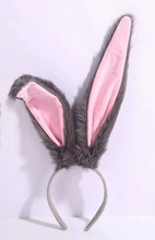 Load image into Gallery viewer, Grey headband with attached grey/pink faux fur bunny ears on a white background
