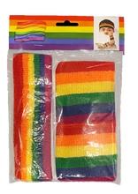 Load image into Gallery viewer, Packaged rainbow striped headbands with a display card featuring a person wearing a rainbow headband.
