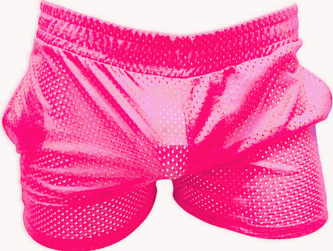 Pink sports mesh shorts with side pockets on a white background