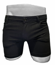 Load image into Gallery viewer, Black jean shorts on a mannequin 
