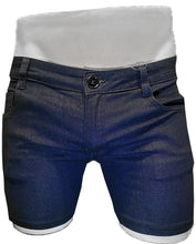 Load image into Gallery viewer, Dark blue denim shorts on a mannequin
