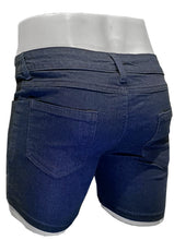 Load image into Gallery viewer, Rear view of blue denim shorts on a mannequin 

