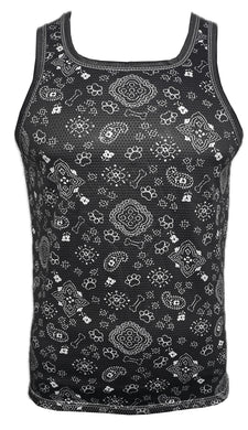 Black tank top with white bandana pattern featuring bones and paw prints 