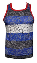 Load image into Gallery viewer, Tank top with bandana pattern, red trim, and large horizontal stripes that are either blue, black, or white
