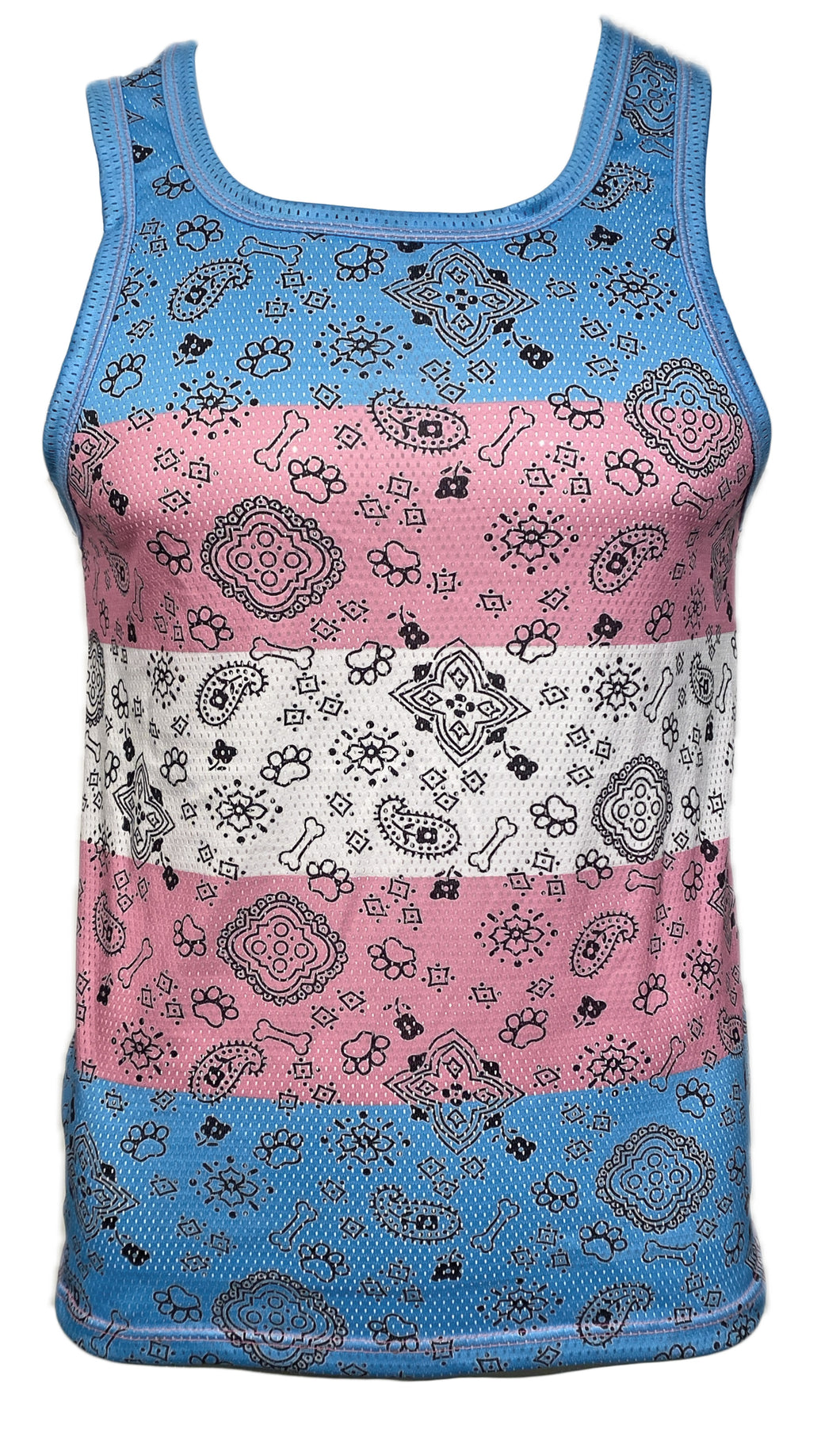 Tank top with a bandana pattern in blue, pink, and white horizontal stripes