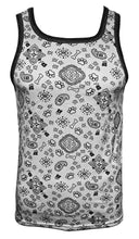 Load image into Gallery viewer, White tank top with black bandana print pattern that features pup paw prints and bones
