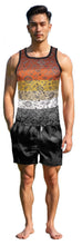 Load image into Gallery viewer, Man wearing a patterned tank top and black shorts. The pattern goes from brown, then orange to black, white to black
