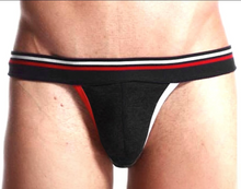 Load image into Gallery viewer, Black men's underwear with red and white stripes on a plain background
