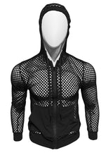 Load image into Gallery viewer, This image features a bold, black fishnet zip up hoodie designed for a striking appearance at events like circuit parties, club outings, festivals, and raves. The hoodie is characterized by its see-through mesh fabric, which adds an edgy, sexy appeal.
