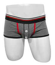 Load image into Gallery viewer, Dark grey cotton trunks with button fly, red and black trim, displayed on a mannequin
