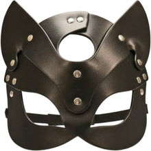 Load image into Gallery viewer, Close up of faux leather cat face mask with flat metal studs and adjustable strap
