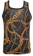 Load image into Gallery viewer, Black fine mesh tank top with gold chain pattern printed on it.
