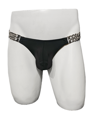 Black swim brief held by silver chains on left and right sides
