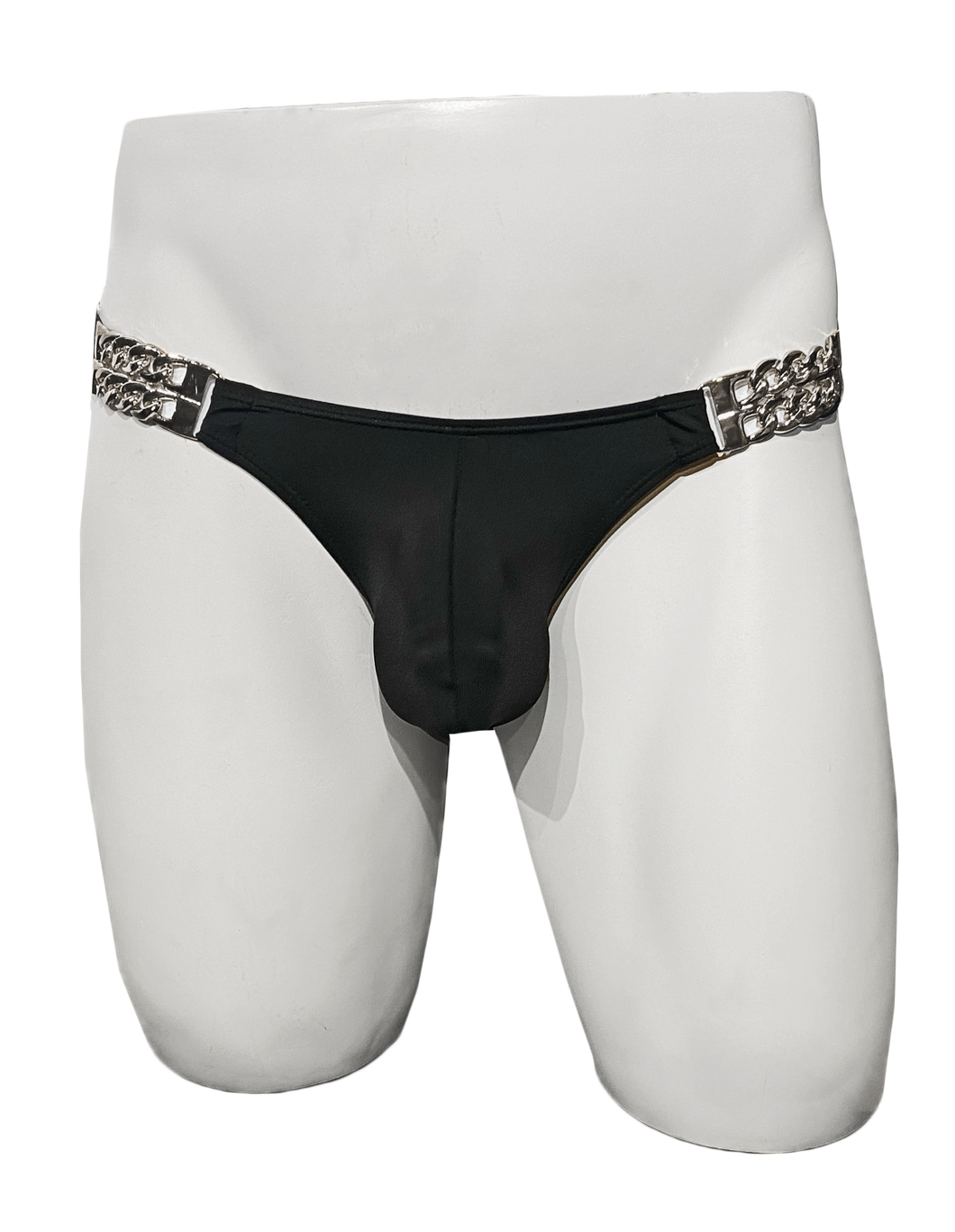 Black swim brief held by silver chains on left and right sides