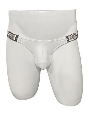 Mannequin wearing white swim brief with silver chains at the sides that hold the fabric
