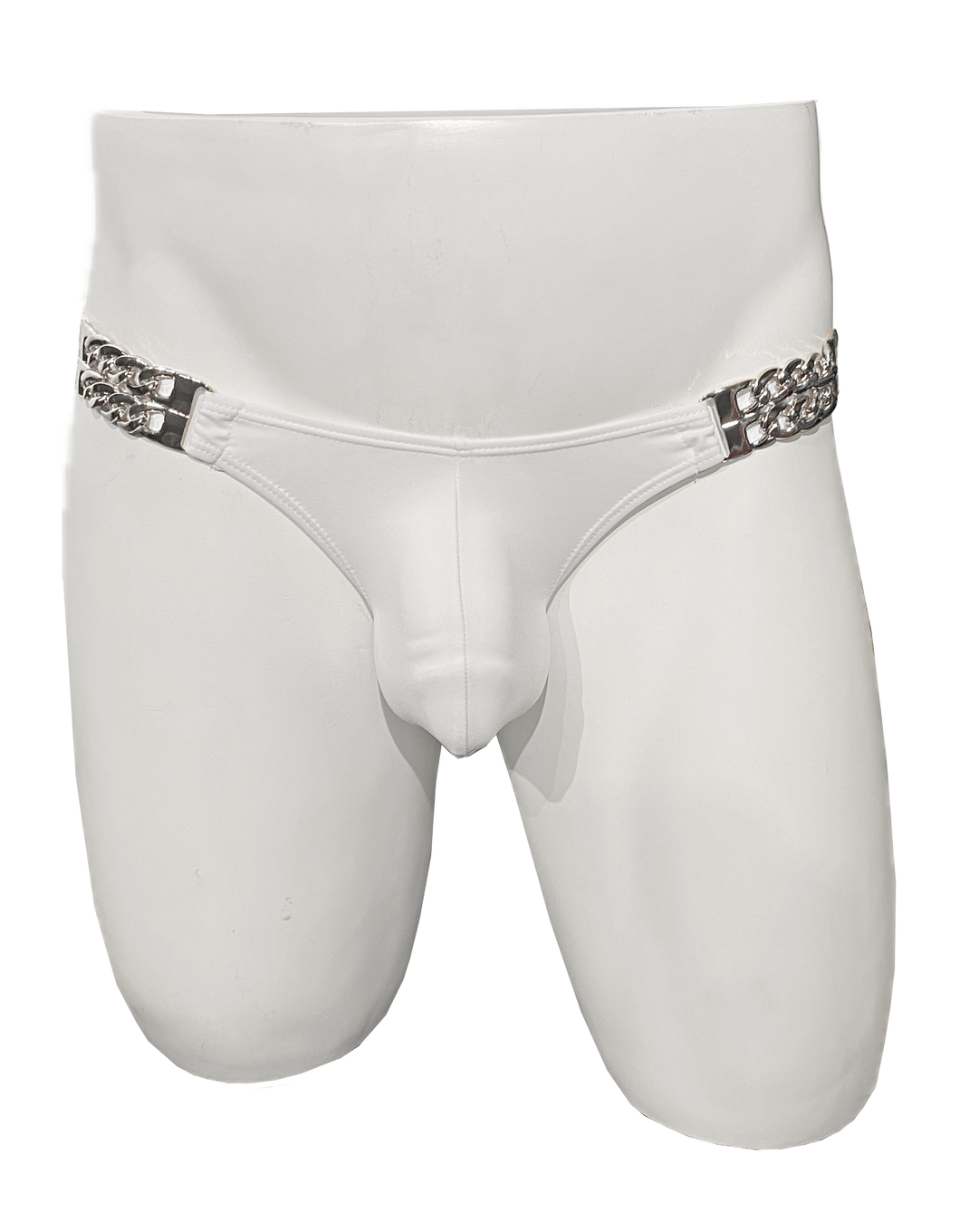 Mannequin wearing white swim brief with silver chains at the sides that hold the fabric